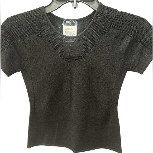 Chanel Mesh CC Bodycon Black Short Sleeve Top Size 42